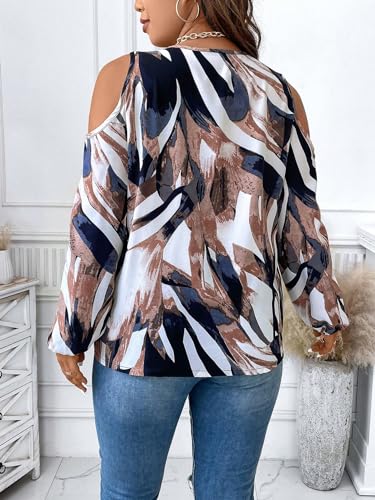 SOLY HUX Women's Plus Size Blouse Allover Print Cold Shoulder Bishop Long Sleeve Half Zip Tops2