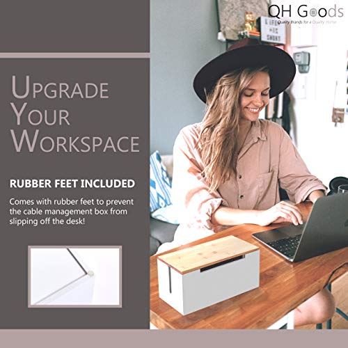 image for QH Goods Bamboo Cable Management Box Organizer Storage Large Wood Cord