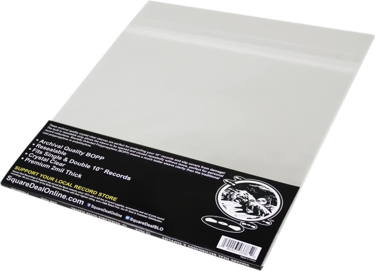 10" Resealable Record Outer Sleeves - Super Clear Premium 2 Mil Thick - Archival Quality BOPP - 10-3/4" x 10-3/8" + 1-1/2" Flap - 10SB02RS (100)