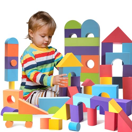 Image of 34 Large Foam Blocks for Toddlers - Stacking Soft Blocks for Kids Set | Giant soft foam building blocks in bright colors and shapes, with a clear storage bag for home, daycare, or preschool