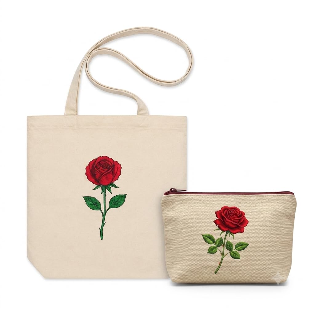 Cotton Canvas Printed Tote Bag and Rose Embroided Zipper Pouch Set, Natural, with Magnetic Button Closure, 40x40 CM and 23x13 CM-image-35