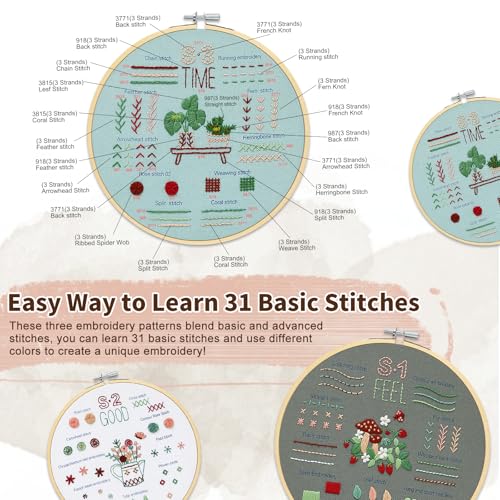 Image of KintKita Embroidery Kit for Adults Beginners, 3 Stages to Learn 31 Basic Embroidery Stitches Practice Cross Stitch Kits for Beginners with Embroidery Patterns, Hoop,Threads,Tools