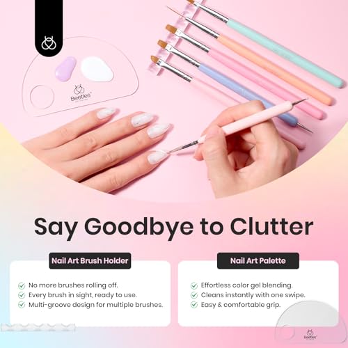 Image of Beetles 7 Pc Double-ended Nail Art Brushes Set - Synthetic Fibers - Gel Polish Design Pen Liner, Flat, Oval, Petal, Gradient, Dotting Brushes - DIY Nail Art Kit - Gifts for Women