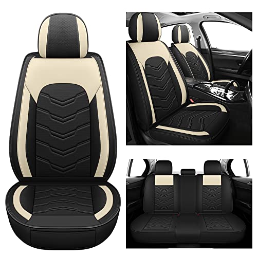 AOOG Leather Car Seat Covers Universal fit Most Sedans SUV Trucks (Full Set,Beige&Black) - Image 3