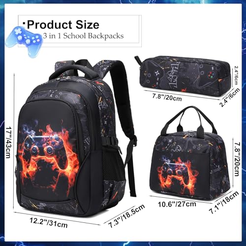 Boys Backpack for Elementary Game School Backpacks Waterproof Kids Bookbag with Lunch Box Luminous Game Print(Red Flame Game)4