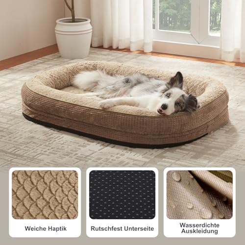 Pawk Orthopädisches Hundebett Grosse Hunde, 122x89cm, Vierseitiges Nackenrolle Hundebett Orthopädisch, Memory Foam hundebetten XXLWasserdicht rutschfest, Hundecouch mit Hohem Rand Outdoor, Brun