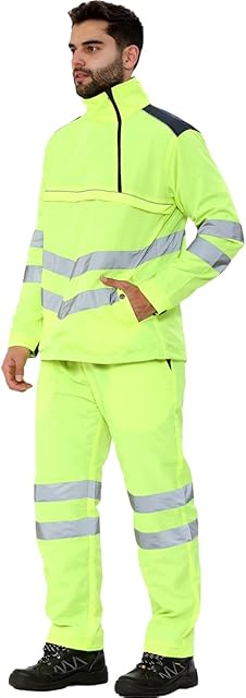 Mens High Vis Waterproof Rain Winter Jackets Zip 2 Tone Hi Vis Long Sleeve Tops Bottoms High Visibility Workwear Tape Band Pull Over Security Top Neon Reflective Jacket Tracksuits UK S-3XL