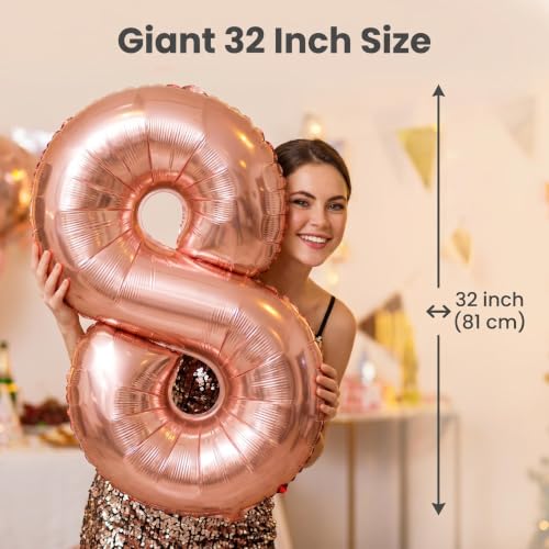 Image of YPSelected 32 Inch Large Foil Helium Number Balloon Birthday Wedding Party 0-9 (Rose Gold, 8)