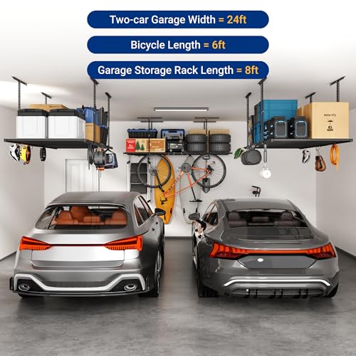 Image of FLEXIMOUNTS 4x8 Overhead Garage Storage Rack with 6 Hooks, 2 Pack, Black