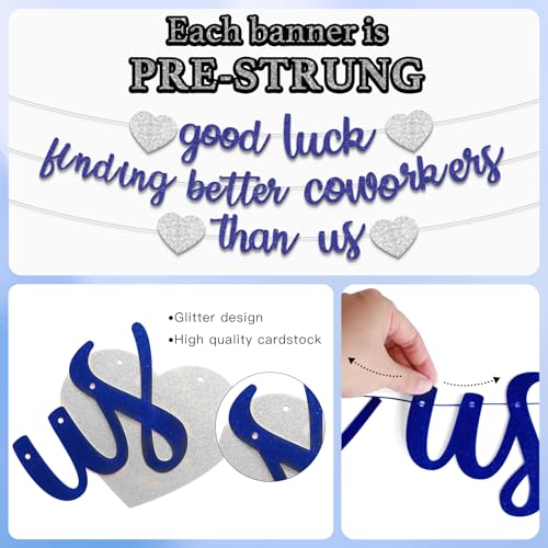 Image of Pre-Strung Glitter Good Luck Finding Better Coworkers Than Us Banner, Blue Silver Going Away Party We Will Miss You Decorations, Great for Goodbye Farewell Job Change Party