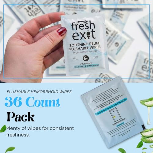 FreshExit Flushable Hemorrhoid Wipes – 36 Count – Individually Wrapped with Witch Hazel & Aloe Vera, Large Discreet Travel Wipes for Adults, Soothing & Gentle on Skin