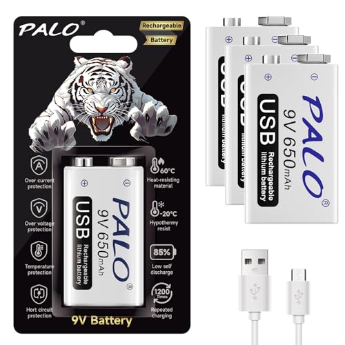 Mspalocell 9V lithium battery 650mAh, pack of 4 tiger print quick charging 1500+ cycle 9V block battery rechargeable with USB micro cable & charging indicator, low self-discharge 9V battery