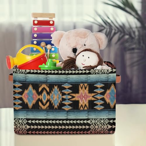 Image of Boho Style Brown Ethnic Painted Square Storage Basket, Fabric Storage Bin with Leather Handles Aztec Pattern Collapsible Storage Bin Nursery Hamper for Organizing Toys, Clothes, Books, Gift Baskets