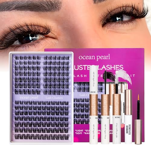 Ocean Pearl Lash Clusters Kit 168pcs,10-18mm manga/anime-inspired lashes clusters,spike-effect cluster lashes, Eyelashes,DIY Cluster Eyelash Extensions kit with lash bond+seal+remover+tweezers-M37+M30