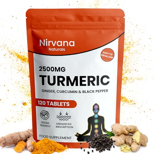 Nirvana Naturals Turmeric Tablets 2500mg with Black Pepper & Ginger - High Strength Curcumin Supplements, Vegan and Gluten Free, 120 Count
