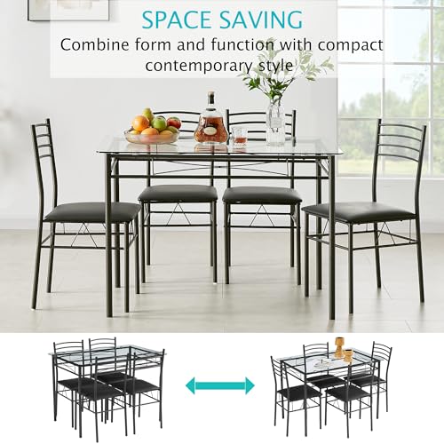 Image of VECELO Dining Table Set for 4, 5-Piece Glass Kitchen Table with Upholstered Padded Chairs for Small Space, Breakfast Nook, Space-Saving, Black
