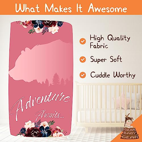 Image of Dear Baby Gear Deluxe Baby Crib Sheet - Cotton Polyester Infant Sheets - Soft Machine-Washable Crib Mattress Cover - Pink Bear Adventure Awaits - Navy Burgundy Watercolor Floral Print, 52x28x10