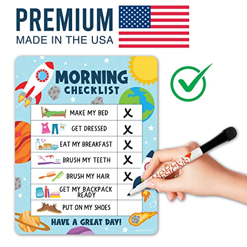 Image of Magnetic Morning & Bedtime Routine Chart for Kids - Customizable Toddler Daily Schedule Board with Dry Erase Surface, Stickers & Marker, Build Habits with Visual Checklists, Space Theme