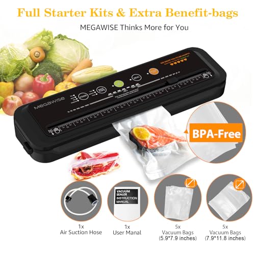 Image of Updated Vacuum Sealer Machine (2025), MEGAWISE Food Sealer w /Starter Kit, Dry & Moist Food Modes, Compact Design with 10 Vacuum Bags & Built-in Cutter