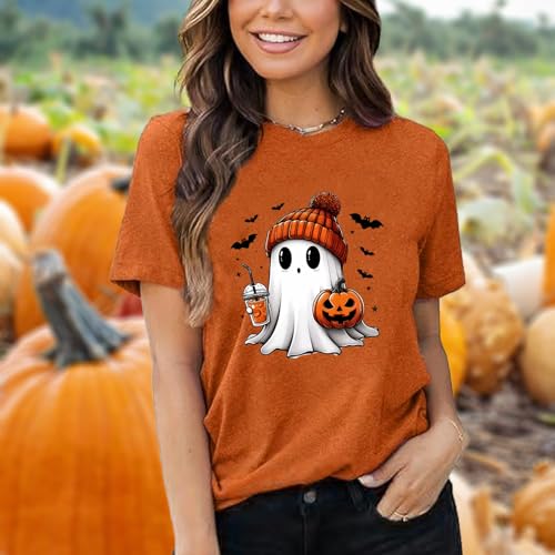 Women Fall Halloween Shirt Novelty Spooky Coffee Print Graphic Tees Pumpkin Thanksgiving Tops4