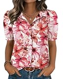Zeagoo Women Summer Clothes Short Sleeve Tops Button Down Blouse Pink Flower Print Shirts Casual Beach Fashion Wear