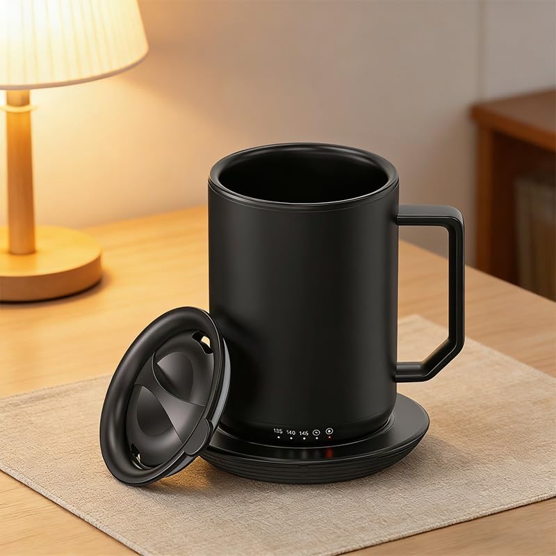12oz Stainless Steel Warming Coffee Mug with Warmer Coaster & Lid FDA Grade Auto Temp Control for Home & Office Desk Essential