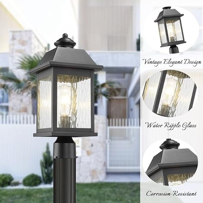 ALLGOT Outdoor Post Lantern, 17.5 inch Tall Exterior Post Lamp Light, Outdoor Pillar Lighting Fixture Fence Post Deck Lighting with Water Rippled Glass for Garden, Patio, Pathway (Black, H17.5)