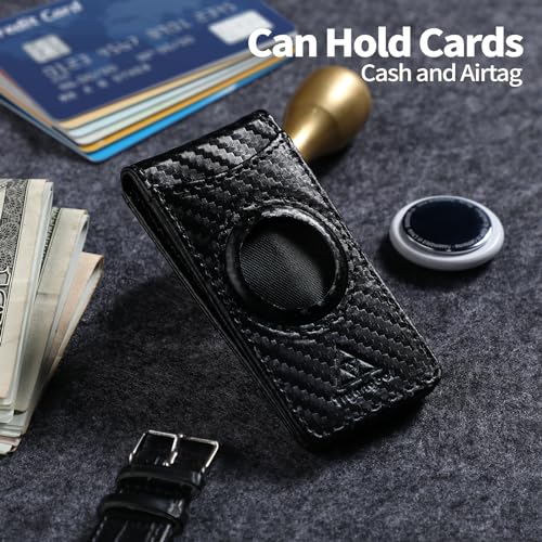 Image of Slim Magnetic Money Clip Wallet for Men with Airtag Holder & Elastic Band, Leather Card & Cash Holder for Men, Carbon Black, Slim, Ultra Slim Design