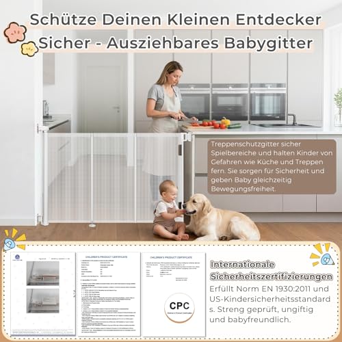 Ycozy Treppenschutzgitter Ohne Bohren 0-150cm Türschutzgitter Ausziehbar mit Stützstangen Treppenschutzrollo Einhändiges Öffnen Kinderschutzgitter Türgitter Baby Hunde Absperrgitter Treppengitter
