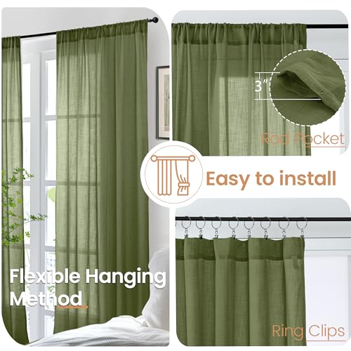 Image of BGment Green Linen Curtains 48 Inches Long for Short Bedroom - Semi Sheer Light Filtering Window Drapes with Rod Pocket Textured Lightweight for Dining Living Room, 2 Panels Set, Each 42 Inch Wide