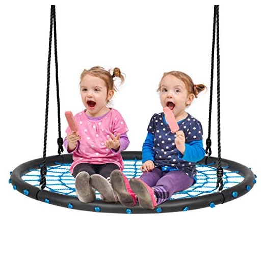 Costzon 40'' Spider Web Tree Swing Set, Kids Outdoor Round Net Swing Platform Rope Swing with Adjustable Hanging Ropes and Durable Steel Frame, Great for Park Backyard (40'', Web Swing, Blue)