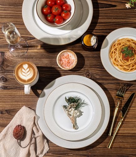 Image of GBHOME Ceramic Dinnerware Sets,16 pcs Embossed Elegant Stoneware Plates and Bowls Sets, Housewarming Wedding Gift | Dishwasher & Microwave Safe | Dishes Set Service for 4