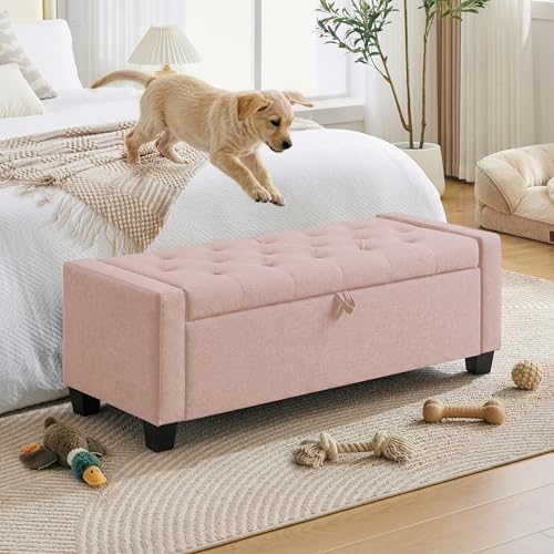 Image of Huatean Home 43 inch Ottoman with Storage, Pink Storage Ottoman Bench with Safety Hinge, Upholstered Entryway Bench with Seating for Bedroom, Living Room, Holds up to 330 lb