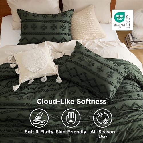 Image of Bedsure Tufted Boho Comforter Set Queen Size - Olive Green Boho Bed Set, GentleSoft 3 Pieces Farmhouse-Style, Home Decor Bedding, Gifts for Woman, Soft Jacquard Queen Comforter for All Seasons