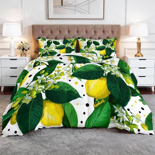Edredon Planta Limón Patrones Florales Estampado Bedding Edredón Nórdico 240 x 260 cm Funda Nórdica De Fibra 400Gr/M², Transpirable Colcha De Microfibra Para Todas Estaciones, Amarillo Verdoso