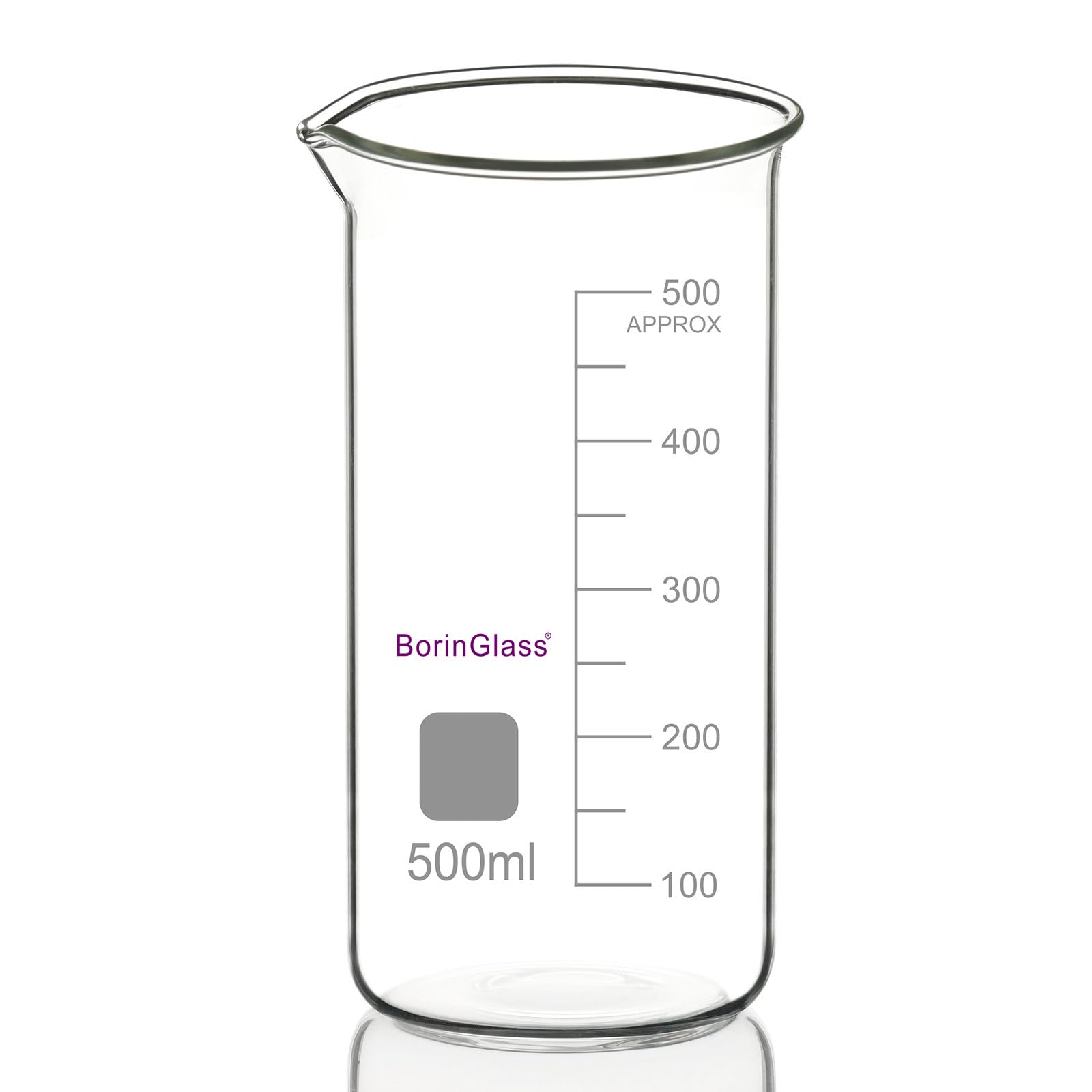 BorinGlass Becker da Laboratorio Alto in Vetro Borosilicato ad Alta Resistenza con Becco Versatore - 1 Pezzo da 500 ml Graduato