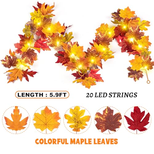 Image of Fall Maple Leaf Garland with Yellow Lights, 2PCS Thanksgiving Artificial Hanging Fall Leave Vines with 20 LED, Yellow Floral Garlands Halloween Autumn Decor for Home Wedding Party (11.8FT)