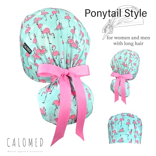Image of Scrub Cap for Women and Men, Ponytail Scrub Caps, Working Hat, Head Cover with Ribbon Ties and Buttons, Long Hair