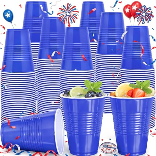 BONSINY Blue Plastic Cups 16 oz 200 Count Disposable Cups Bulk Heavy Duty Party Cups for Memorial Day 4th of July Graduation Fathers Day World Cup BBQ Outdoor Gatherings