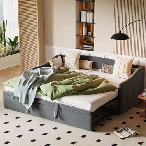 Yeutre Sofá cama de 2 plazas 90/180 x 200 cm, sofá cama convertible extensible con somier de láminas, camas nido y tela aterciopelada, sin colchón (gris 2)
