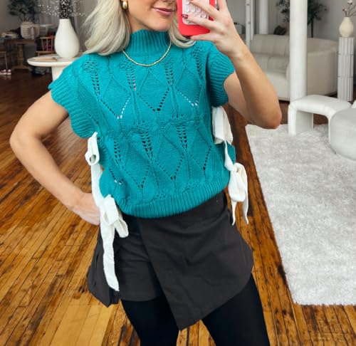 Image of Women Side Tie Sweater Vest Scallop Trim Mock Neck Knit Vest Bow Lace Up Ribbon Sweater Tank Top Knitwear