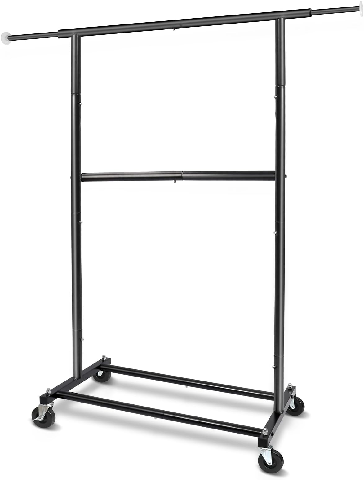 Fishat Standard Rod Clothing Garment Rack,Extendable with Lockable Wheels,Black