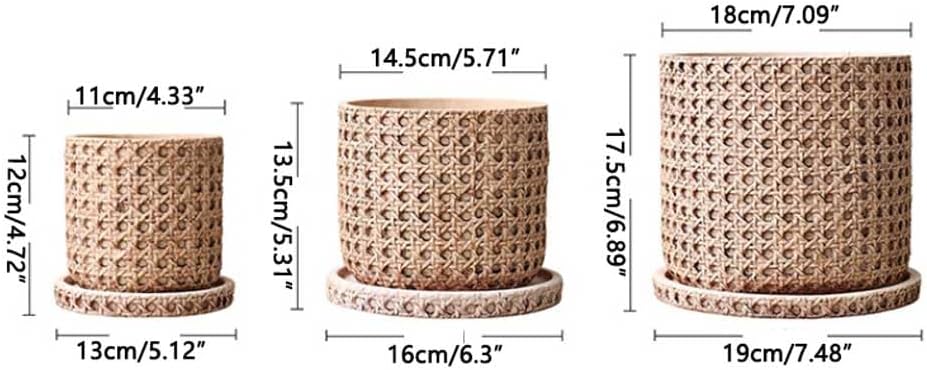 2 Pack Cement Planter for Indoor, Retro Simple Imitation Rattan Woven Flower Pot, round Cement Flower Pots with Drainage Holes and Tray, Large Caliber Cement Planter for Indoor Outdoor Plant