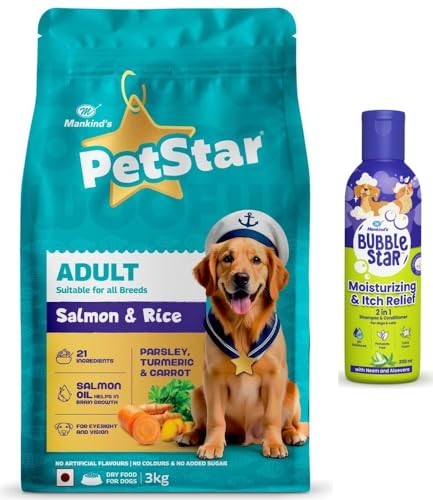 Image of PetStar Adult Dry Dog Food (High Protein) Salmon & Rice Flavor, 3kg and Mankind BubbleStar Neem & Aloe Vera 2-in-1 Shampoo & Conditioner for Dogs & Cats,200 ml