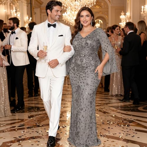 Image of Plus Size Formal Dresses for Women with Embroidery Sequin and Cape Sleeve, V-Neck Maxi Dress for Wedding and Party