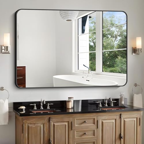 Image of Bathroom Mirror, 48x36 inch Black Rectangle Wall Mirror, Metal Frame Rounded Corner Vanity Mirror, Large Wall Mounted Mirror for Over Sink Bedroom Living Room Horizontal Or Vertical Mounting