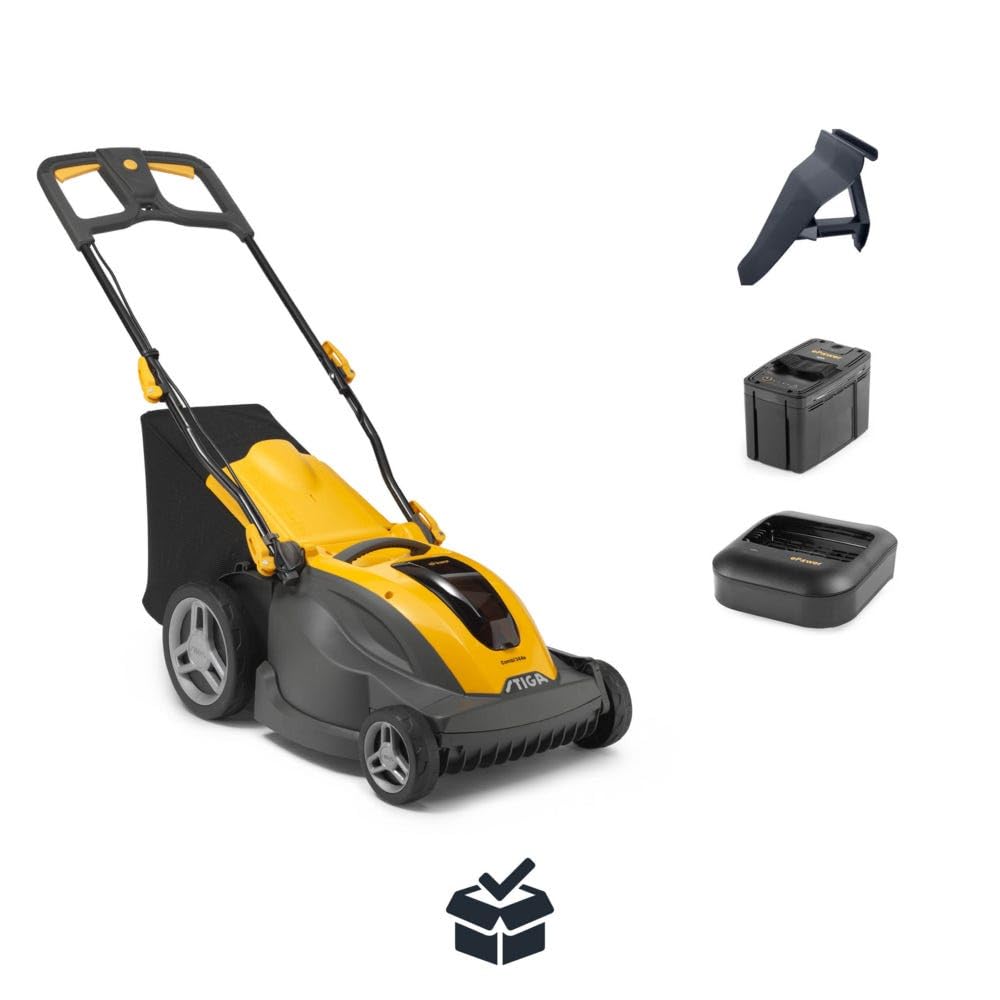 STIGA Combi 344e Kit Akku-Rasenmäher, 48 V, 5 Ah, 42 cm – 50 l Grasfangkorb, 6 Schnitthöhen – Rasenflächen bis 450 m²