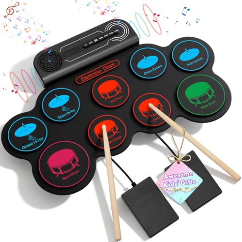 Electronic Drum Set, 9-Pad Kids Electric Drum Set Dual Stereo Speaker, MIDI. Portable Roll Up Drums...