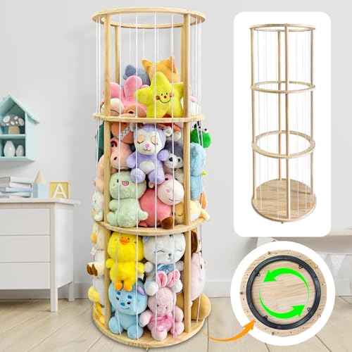 ZeHaiYlf Rotatable Wooden Stuffed Animal Storage with Turntable and Elastic Band