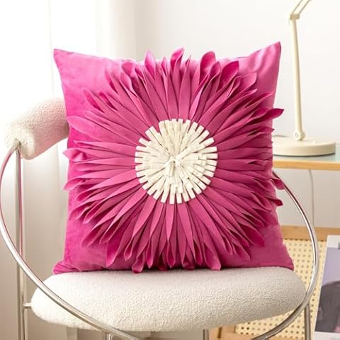 NAVIBULE Decorative Handmade Floral Throw Pillow Cover 3D Sunflower Cushion Cover Soft Velvet Accent Pillowcase for Couch Sofa Bed Home Decoration,18x18 Inch,Hot Pink Cover